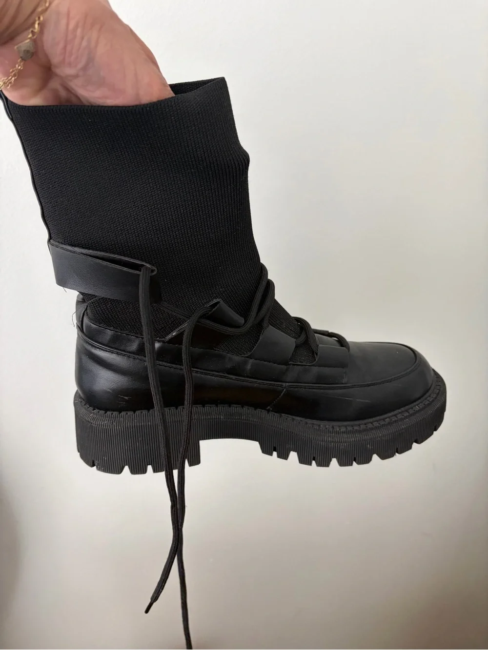 Black Lug Sole Combat Boot with Knit Shaft